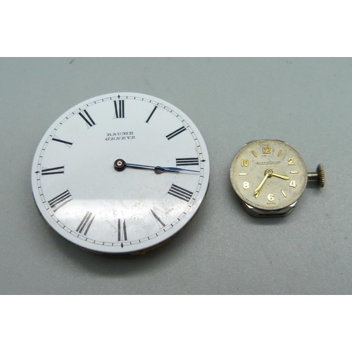 1023 - A Baume fob/pocket watch movement and a Jaeger-LeCoultre wristwatch movement