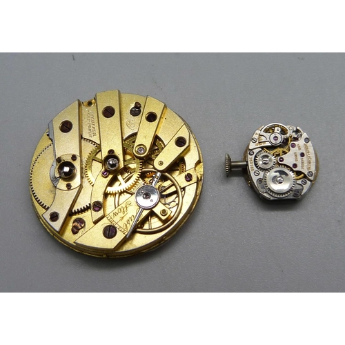 1023 - A Baume fob/pocket watch movement and a Jaeger-LeCoultre wristwatch movement