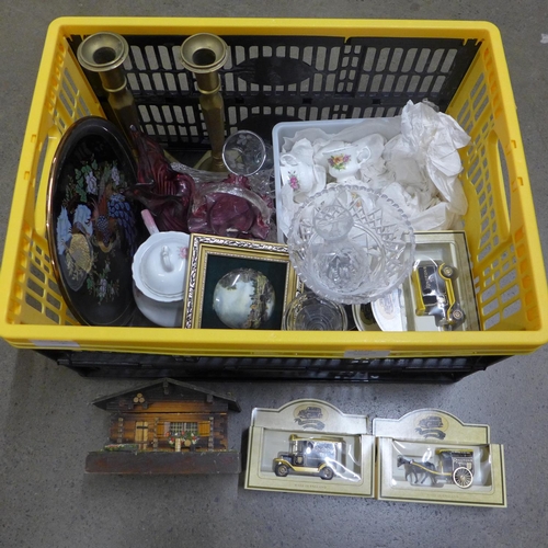 1038 - Assorted items, candlesticks, glass, model vehicles, miniature tea service, etc. **PLEASE NOTE THIS ... 