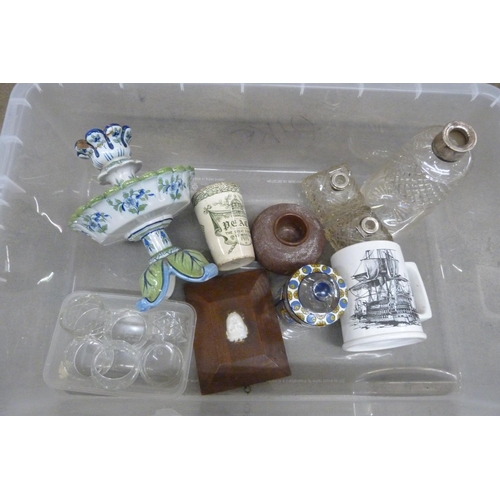 1060 - A box of china, glass including a Langley match striker, Portuguese pottery candlestick, glass napki... 