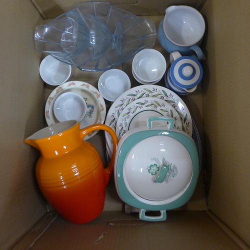 1078 - A box of various china including Bunnykins baby bowl, Le Creuset volcanic orange jug, Midwinter Styl... 