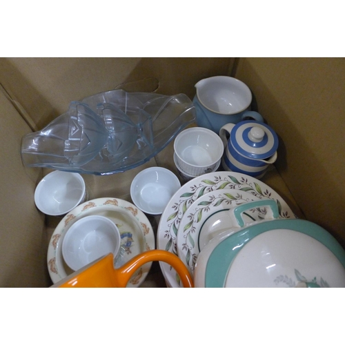 1078 - A box of various china including Bunnykins baby bowl, Le Creuset volcanic orange jug, Midwinter Styl... 