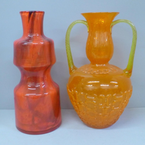 601 - Two orange glass vases; one 1970s Prachen vase by Frantisek Koudelka and one other