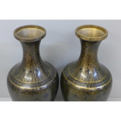 604 - A pair of cloisonne vases, 23cm, one has small knock to lower half