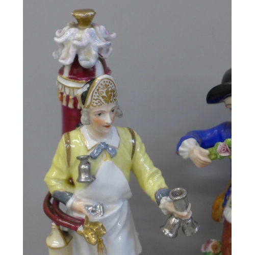 617 - A pair of German porcelain Sitzendorf figures and a Meissen figure of a Tinker, Tinker a/f