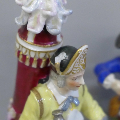 617 - A pair of German porcelain Sitzendorf figures and a Meissen figure of a Tinker, Tinker a/f