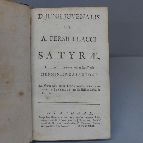 625 - One volume: D. Junii Juvemalis et A. Perssi Flacci 'Satyrae', 1742