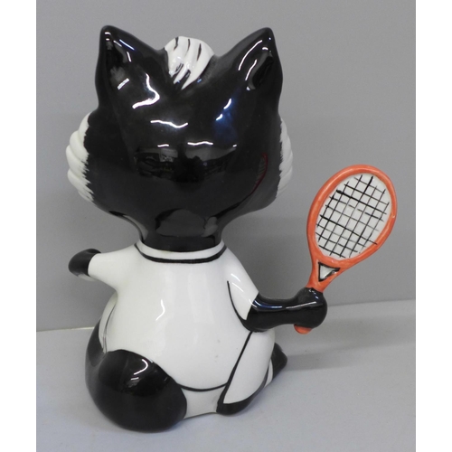 654 - A Lorna Bailey cat, Tennis Player, 13cm