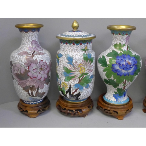 667 - Three pairs of cloisonne vases on wooden stands
 **PLEASE NOTE THIS LOT IS NOT ELIGIBLE FOR POSTING ... 