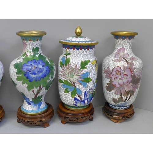 667 - Three pairs of cloisonne vases on wooden stands
 **PLEASE NOTE THIS LOT IS NOT ELIGIBLE FOR POSTING ... 