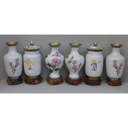 667 - Three pairs of cloisonne vases on wooden stands
 **PLEASE NOTE THIS LOT IS NOT ELIGIBLE FOR POSTING ... 