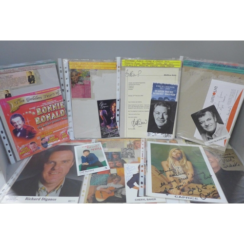 693 - An autograph collection, (19), including Kim Wilde, George Fame, Katrina, Neil Sedaka, etc.