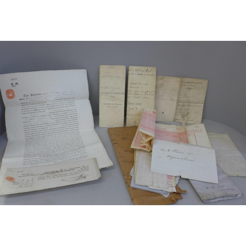 696 - Assorted 19th Century ephemera; title deeds, legal documents and birth certificates, etc.