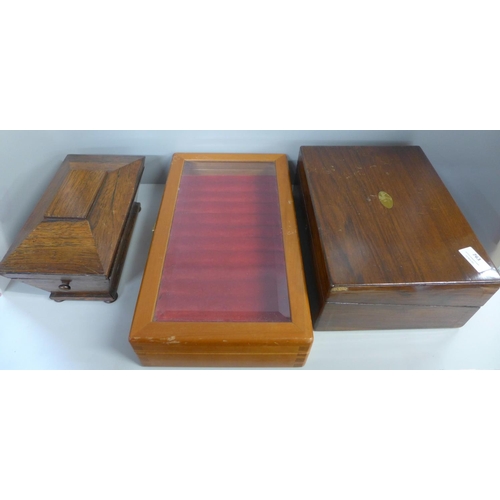 704 - A humidor, a tea caddy and a writing slope with key