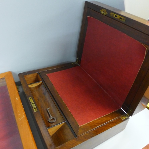 704 - A humidor, a tea caddy and a writing slope with key