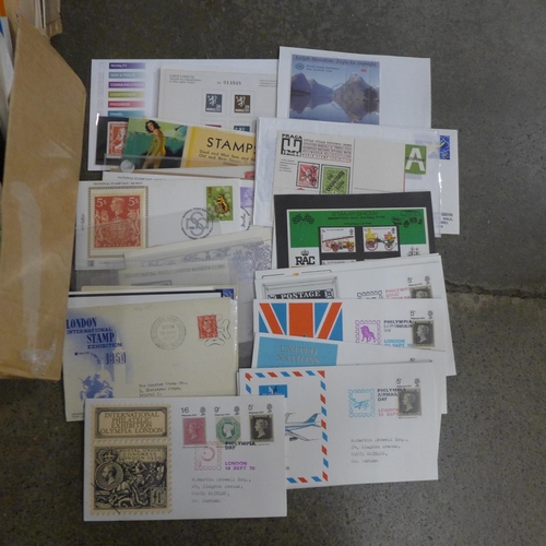 712 - Stamps:- box of philatelic ephemera with exhibition covers, early catalogues, etc.