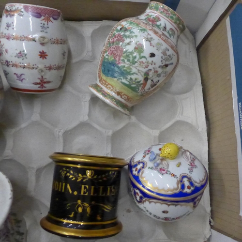 718 - A collection of antique porcelain, British and oriental vases, pots, including a Chelsea gold anchor... 