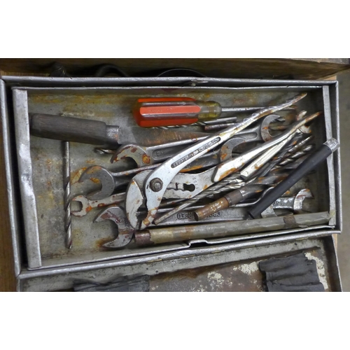 2052 - A box of drill bits and a metal toolbox containing spanners and other tools