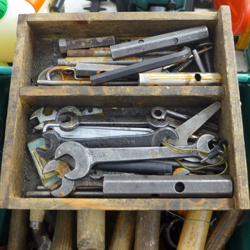 2053 - A box of assorted tools, mainly hammers and spanners