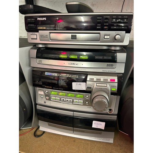 2146 - A Philips stereo system CDR538 CCD recorder, a 3-CD changer, double cassette and two speakers