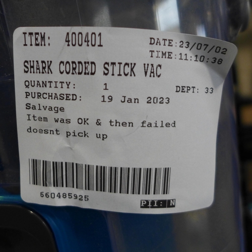 3022 - Shark Corded Stick Vac - model no Hz400Ukt, Original RRP £149.99 + vat                         (302-... 