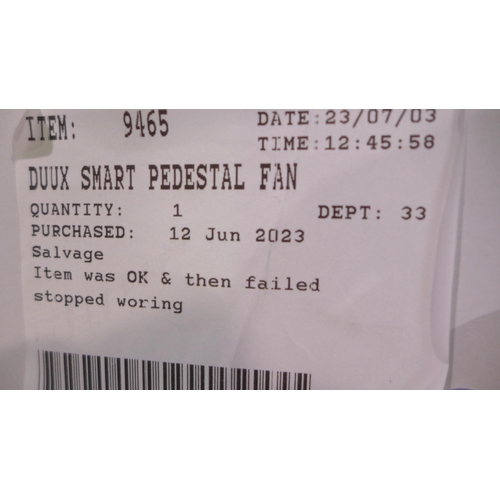 3029 - Duux Smart Pedestal Fan With Remote - No Battery/Charger,  (302-390)  * This lot is subject to vat