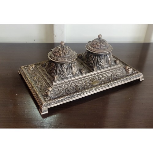 357 - A Victorian brass double inkwell deskstand