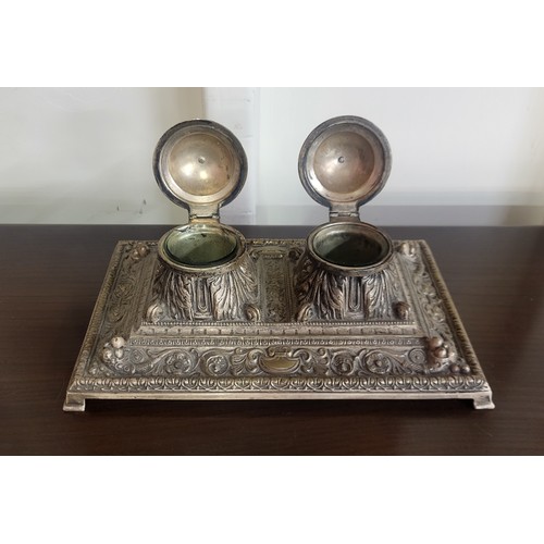 357 - A Victorian brass double inkwell deskstand