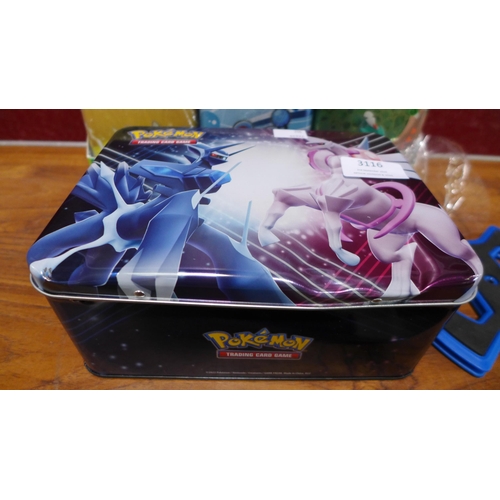 3116 - Pokemon Stacking Tins, Pokemon Chest & Case 5 Boosters  (302-235,236)  * This lot is subject to vat