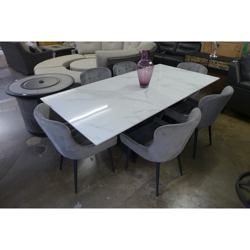 1462 - A marble effect large extending dining table with a set of six Kos graphite velvet pinched back dini... 