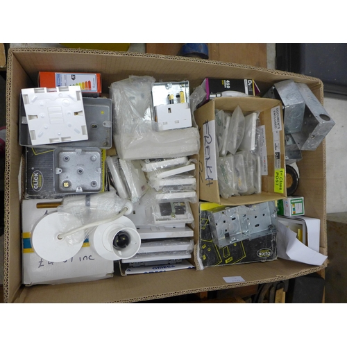 2018 - A box of electrical fittings including plug sockets, plus knockout boxes, light fitting and plug ada... 