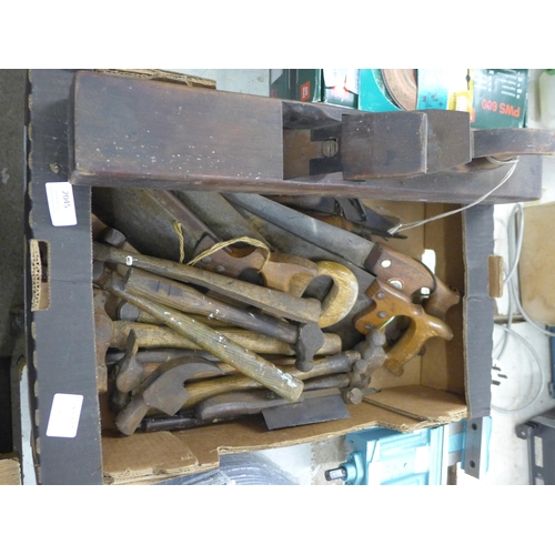 2045 - A box of vintage woodworking tools including hammers and saws