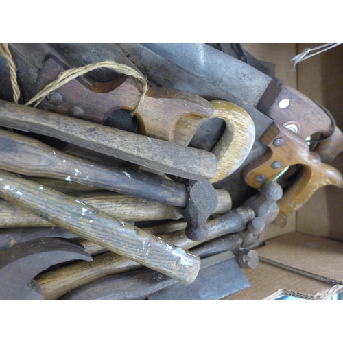 2045 - A box of vintage woodworking tools including hammers and saws