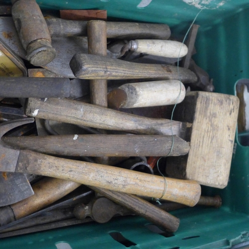 2053 - A box of assorted tools, mainly hammers and spanners