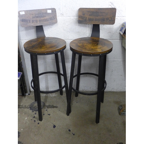 2055 - Two bar stools with 'The Shelby Bros. Birmingham, Under New Management' design on backrest