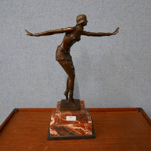 298 - An Art Deco style bronze figure of a female dancer, on rouge marble socle