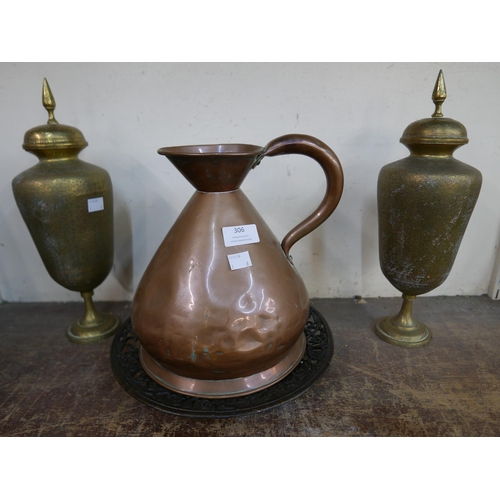 306 - Four oriental cloisonne plates, a pair of Islamic brass temple jars and covers and two others