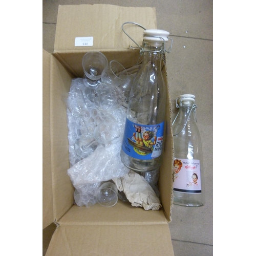 315 - Two novelty Rice Krispies and Cornflakes advertising bottles and a box of early 20th Century glass