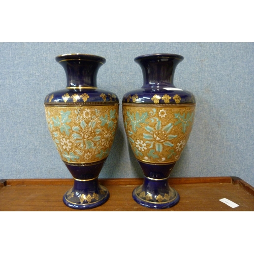 354 - A pair of Royal Doulton Slaters Patent blue and gilt vases, one a/f