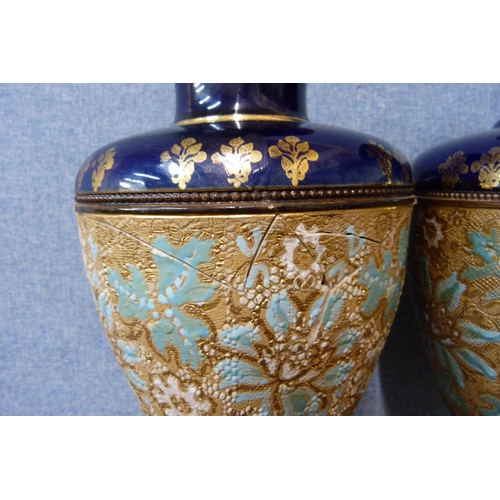 354 - A pair of Royal Doulton Slaters Patent blue and gilt vases, one a/f