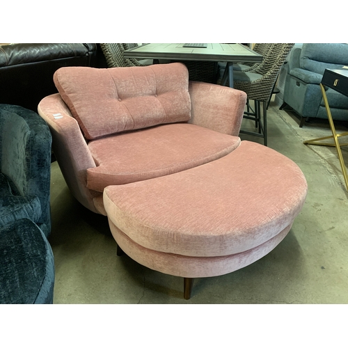 1308 - A large pink velvet buttoned back love seat with footstool