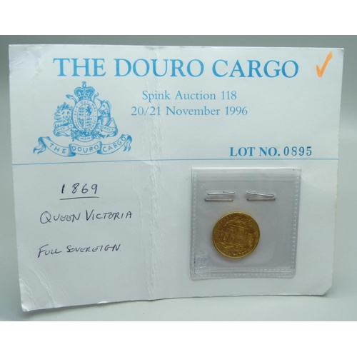 1008 - A Victorian 1869 gold full sovereign, ex Douro Cargo