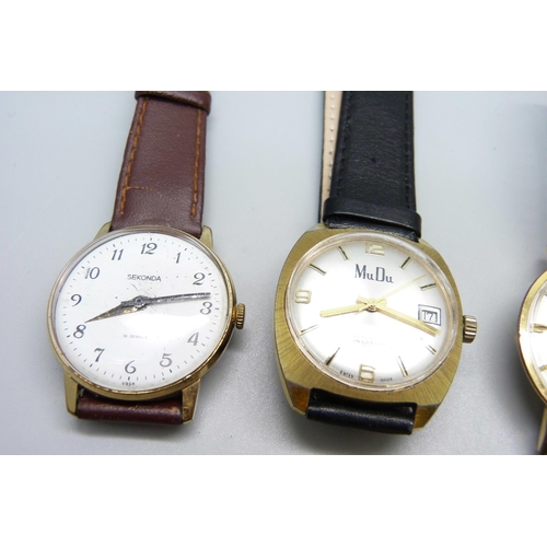 1035 - Four gentleman's wristwatches, Sekonda, Moeris, Mudu and Enicar