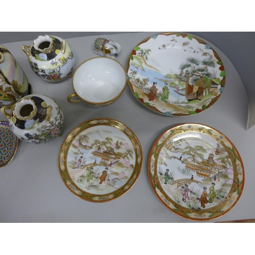 1049 - A silver plated kettle and stand, three Noritake vases, trio and Chinese plate, etc. **PLEASE NOTE T... 