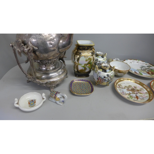 1049 - A silver plated kettle and stand, three Noritake vases, trio and Chinese plate, etc. **PLEASE NOTE T... 