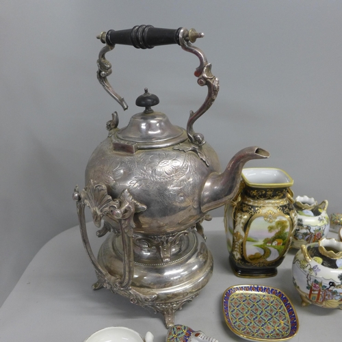 1049 - A silver plated kettle and stand, three Noritake vases, trio and Chinese plate, etc. **PLEASE NOTE T... 