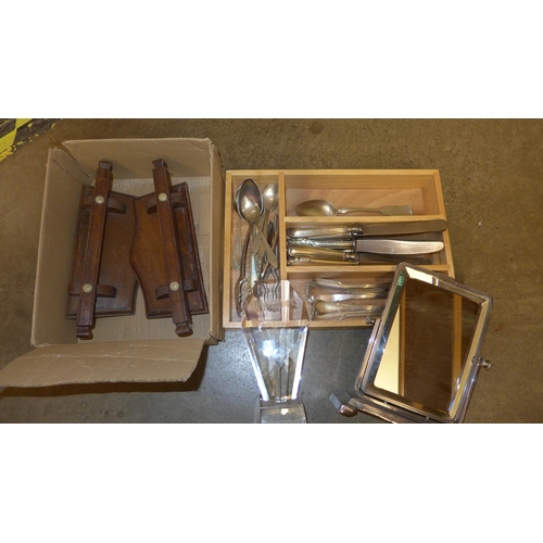 1056 - A pair of 1930s wooden door handles, a cutlery drawer, chrome table mirror and resin award **PLEASE ... 