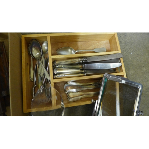 1056 - A pair of 1930s wooden door handles, a cutlery drawer, chrome table mirror and resin award **PLEASE ... 