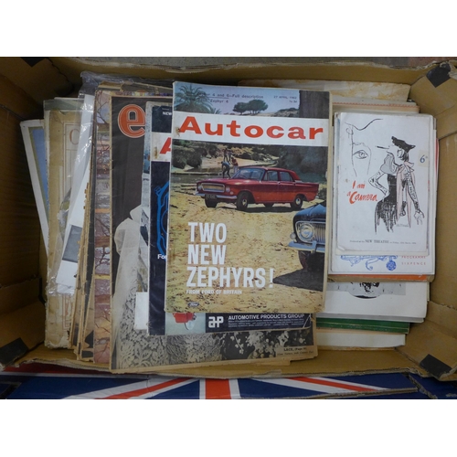 1102 - A box of magazines and ephemera, Autocar, Everbody's Practical Mechanics, Aeroplane and Woman magazi... 