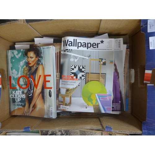 1103 - A box of fashion design and interior design books and magazines, Galliano by Colin McDowell, two sea... 